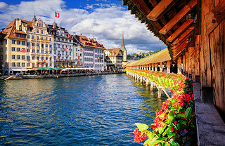 Lucerne, Switzerland, view from the famous wooden Chapel Bridge