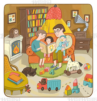 family: mom, dad, son and daughter sitting in a cozy room and read a book