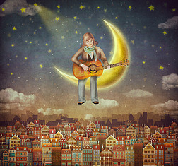 可爱的房子在吉他在夜空中扮演了一个男人的插图