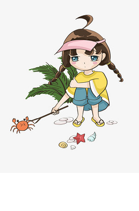 卡通女生玩螃蟹手绘插画