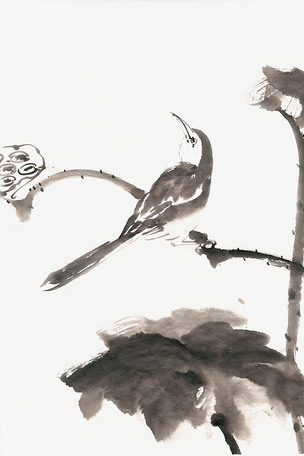 莲蓬小鸟水墨画png免抠素材