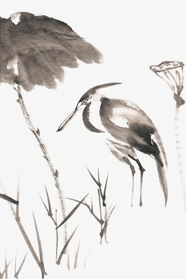 孤独的水鸟水墨画png免抠素材