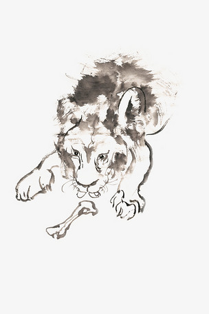 觅食的狮子水墨画png免抠素材