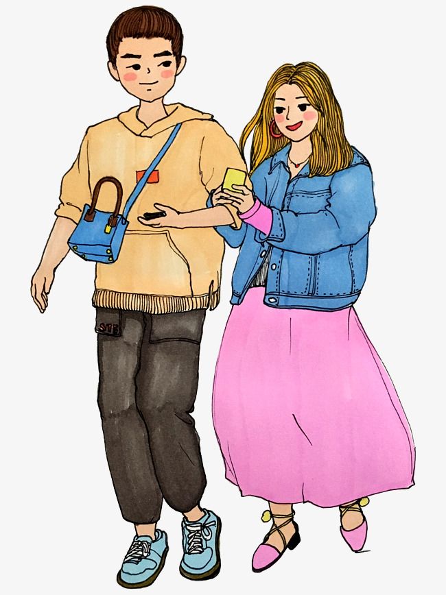 情人节牛仔色系手绘插画风情侣牵手逛街png免抠图