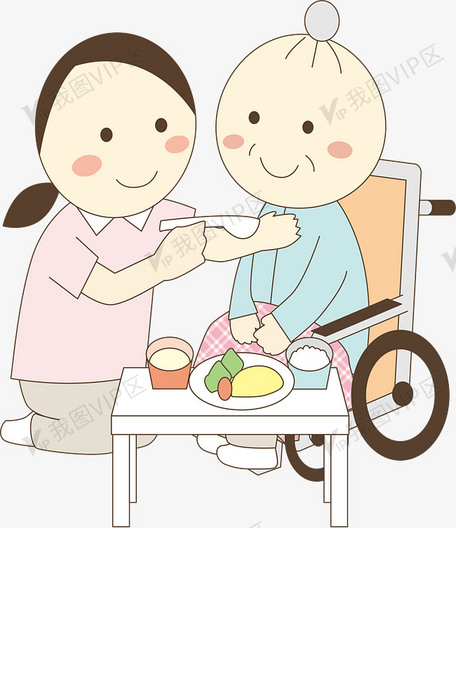 护理老人卡通喂饭矢量图