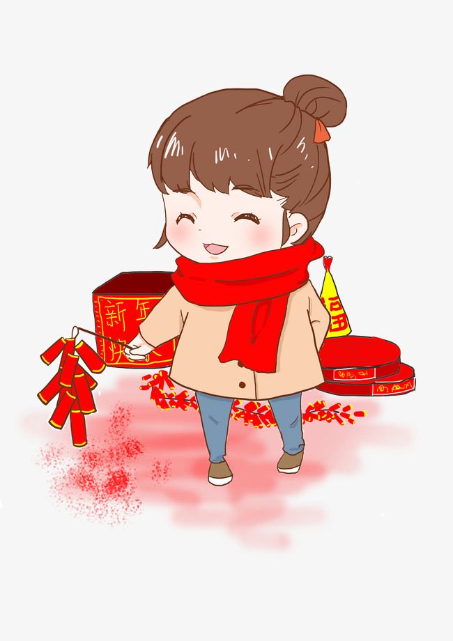 新年放鞭炮手绘卡通人物png素材