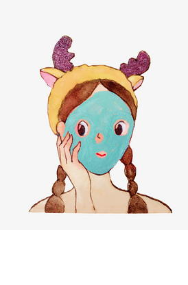 卡通手绘女孩做海藻泥面膜插画