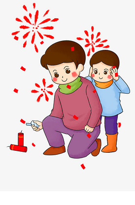 手绘喜庆孩子们放烟花鞭炮插画