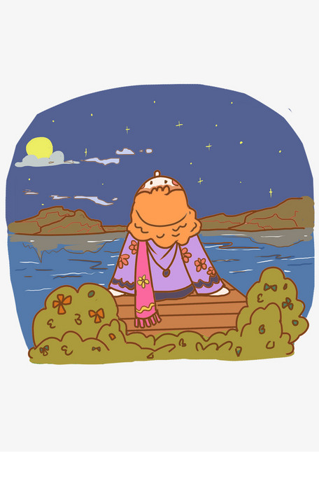 手绘看星星的女孩插画