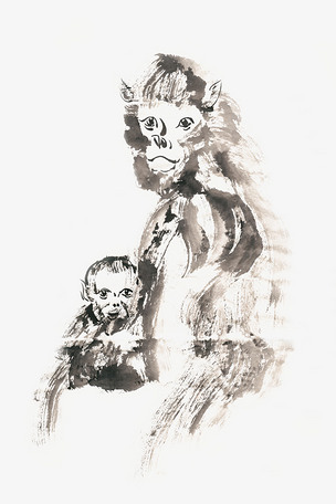 依偎的猴子水墨画png免抠素材
