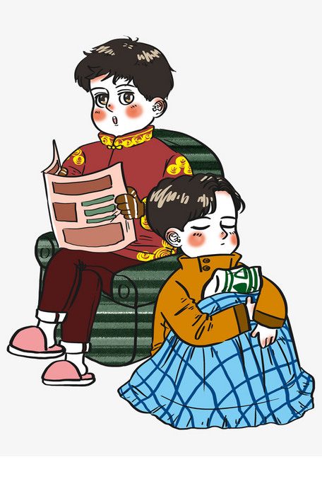 冬季夜晚兄弟俩一起听故事卡通人物