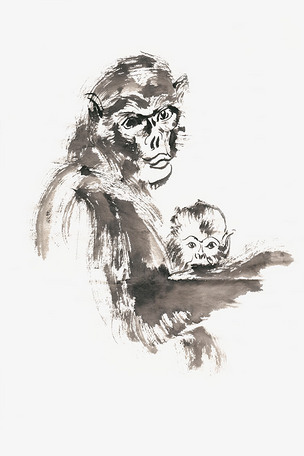 依偎的母子猴水墨画png免抠素材
