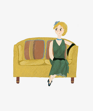 欧洲贵妇复古绿色裙子棕黄卡通端庄坐.