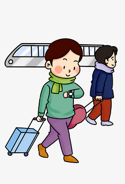 手绘乘火车回家的人物插画