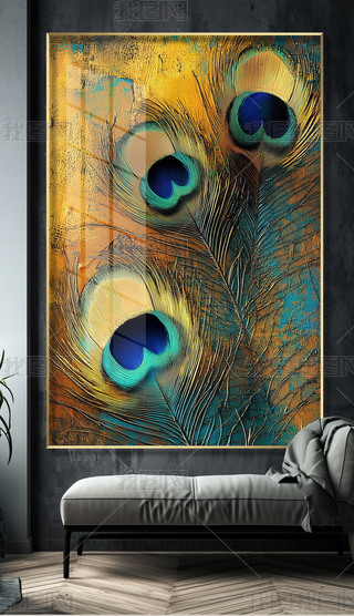 现代轻奢手绘孔雀羽毛油画客厅玄关挂画装饰画