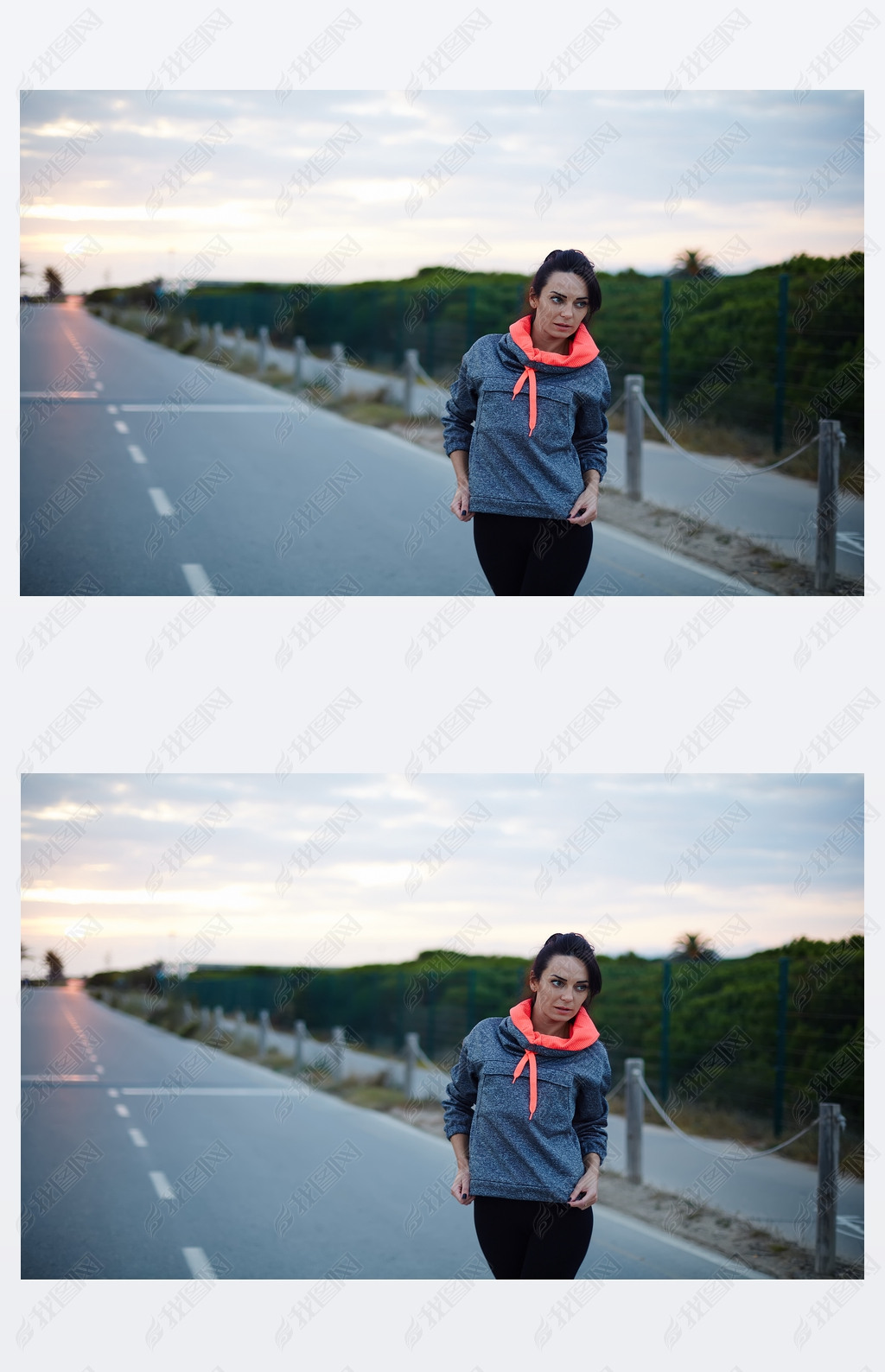 Fitness woman dressed in bi color hoodies standing on the road at sunset