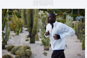 Young fit man in white windbreaker running fast in beautiful park, autumn sport outdoors, attractive