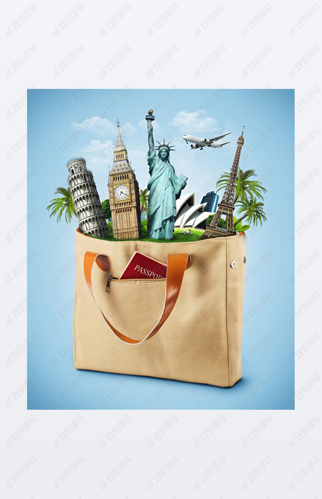 Illustration of a bag full of famous monument with passport