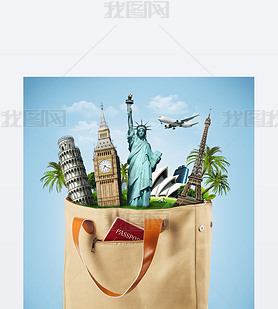 Illustration of a bag full of famous monument with passport