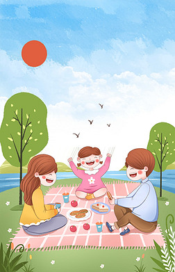 卡通清新一家人野餐春游踏青海报背景