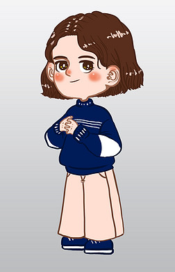 女生节蓝色卫衣的温柔漂亮女生卡通人物