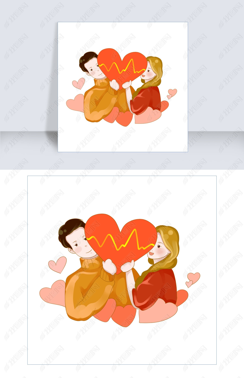 原创情人节情侣拿桃心放电png素材