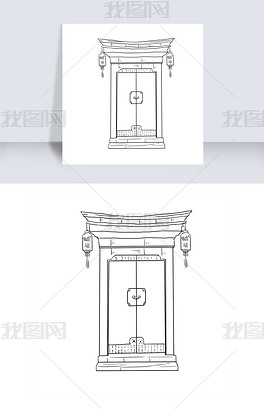 原创中国风建筑大门手绘线稿免抠