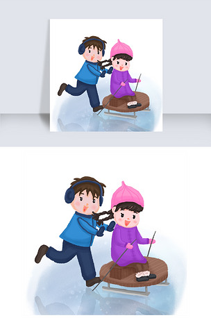 原创冬季假期出游儿童玩耍冰车手绘插画