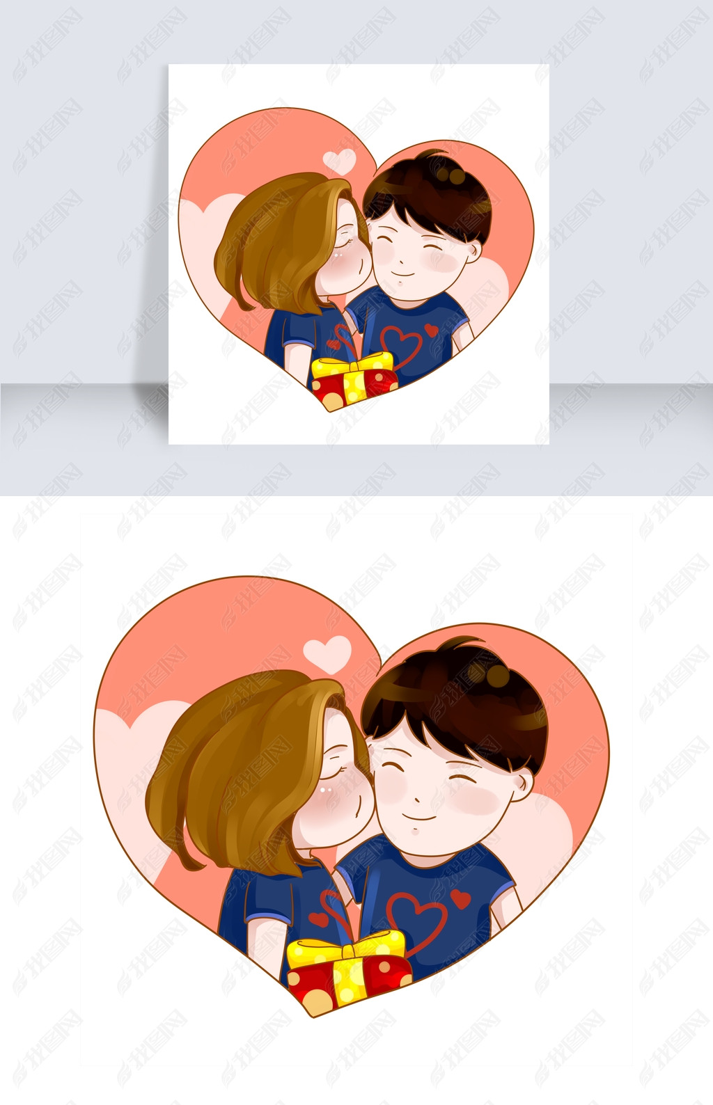 原创情人节粉红桃心情侣亲脸颊日常png素材