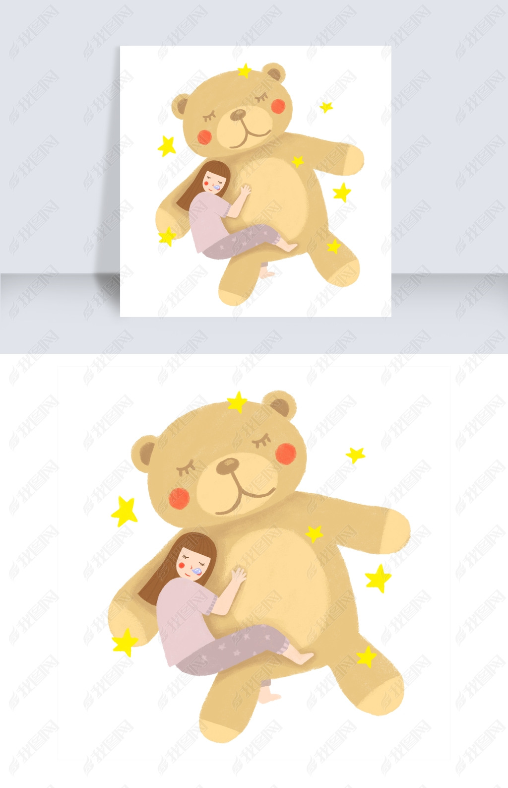 原创手绘抱着小熊睡觉的女孩