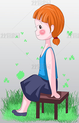 手绘卡通坐着的女生插画