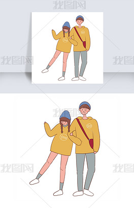 原创手绘卡通可爱矢量情人节穿情侣装的情侣