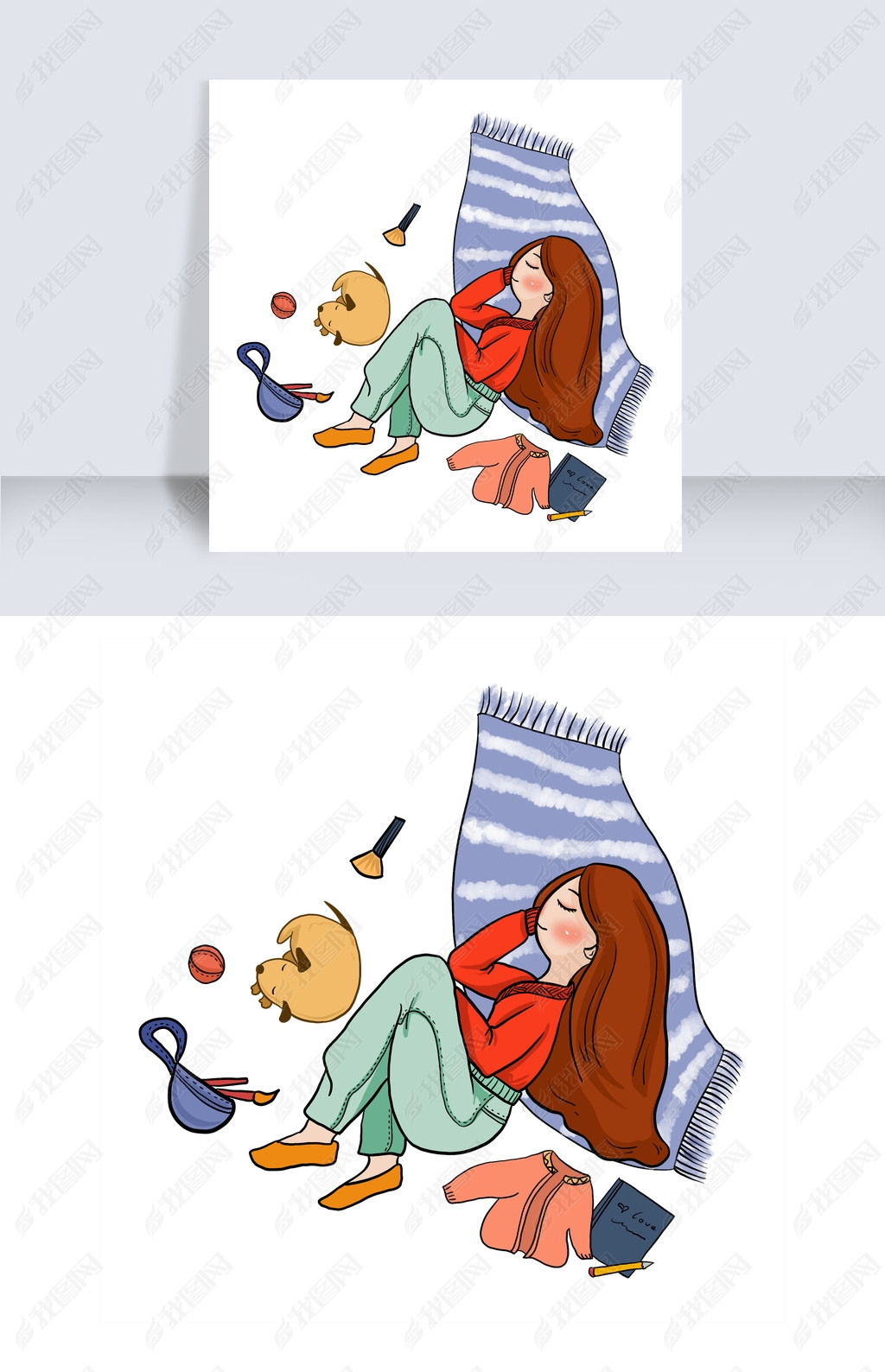 三八女神节暖红绿色系手绘插画休闲着装的女生侧躺休息