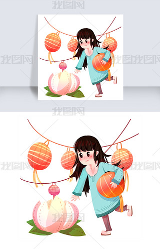 元宵节人物和花灯插画