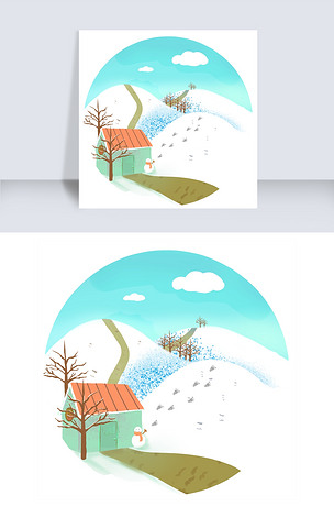 蓝色系手绘雪山房子雪地图