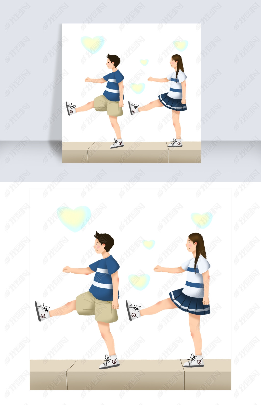 原创卡通手绘七夕情人节情侣同手同脚版权可商用