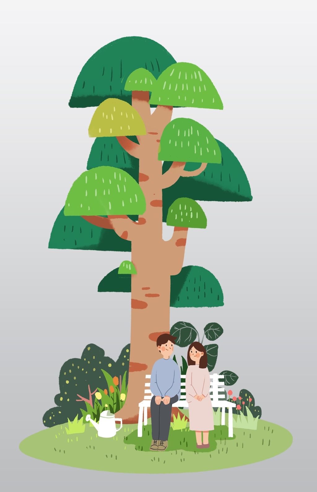 一对情侣坐在树下卡通人物手绘插画