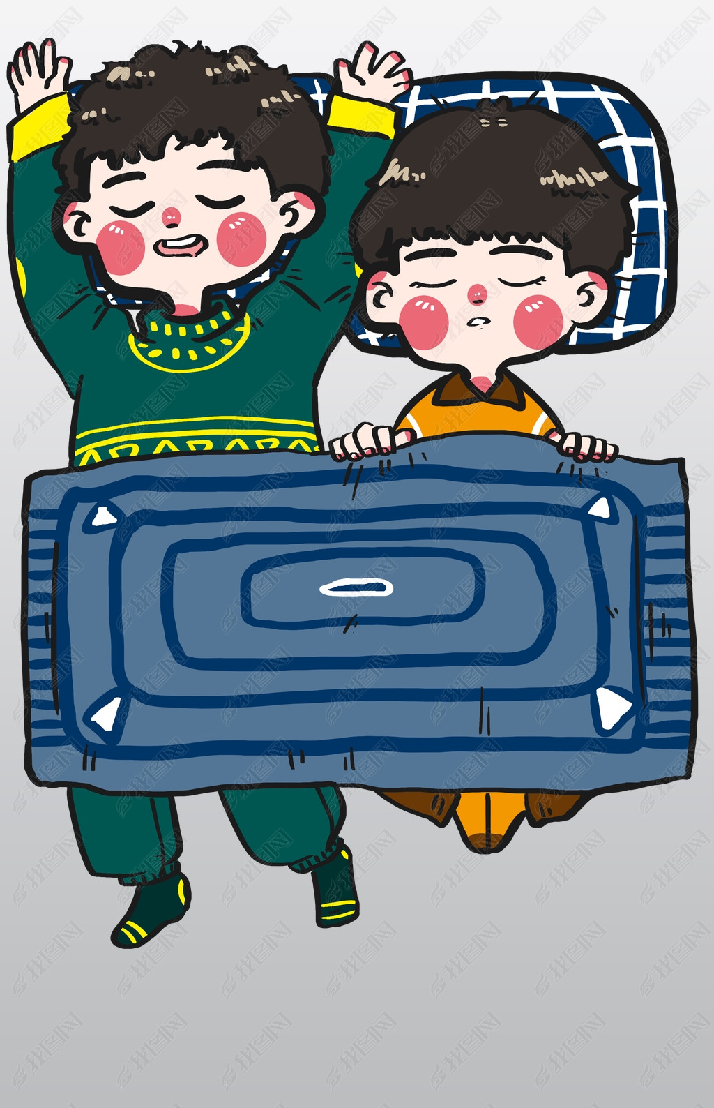 原创世界睡眠日兄弟俩的奇葩睡姿卡通手绘版权可商用