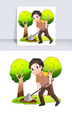 铲土免抠元素|植树节铲土的小男孩