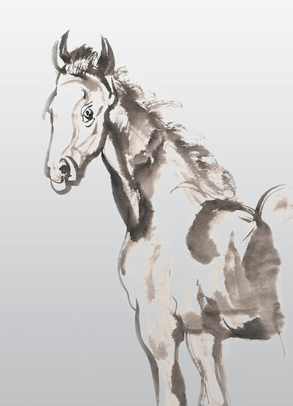 回头的骏马水墨画png免抠素材