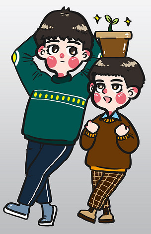 原创植树节兄弟俩养植物长大的喜悦卡通手绘版权可商用