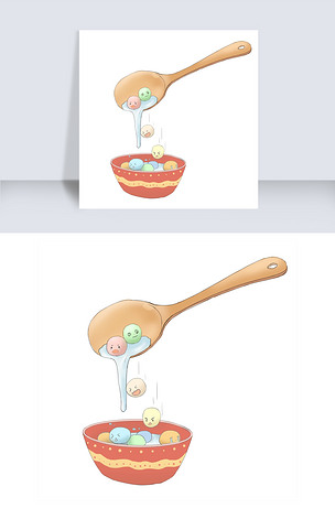 元宵节卡通彩色汤圆碗元宵勺子拟人表情