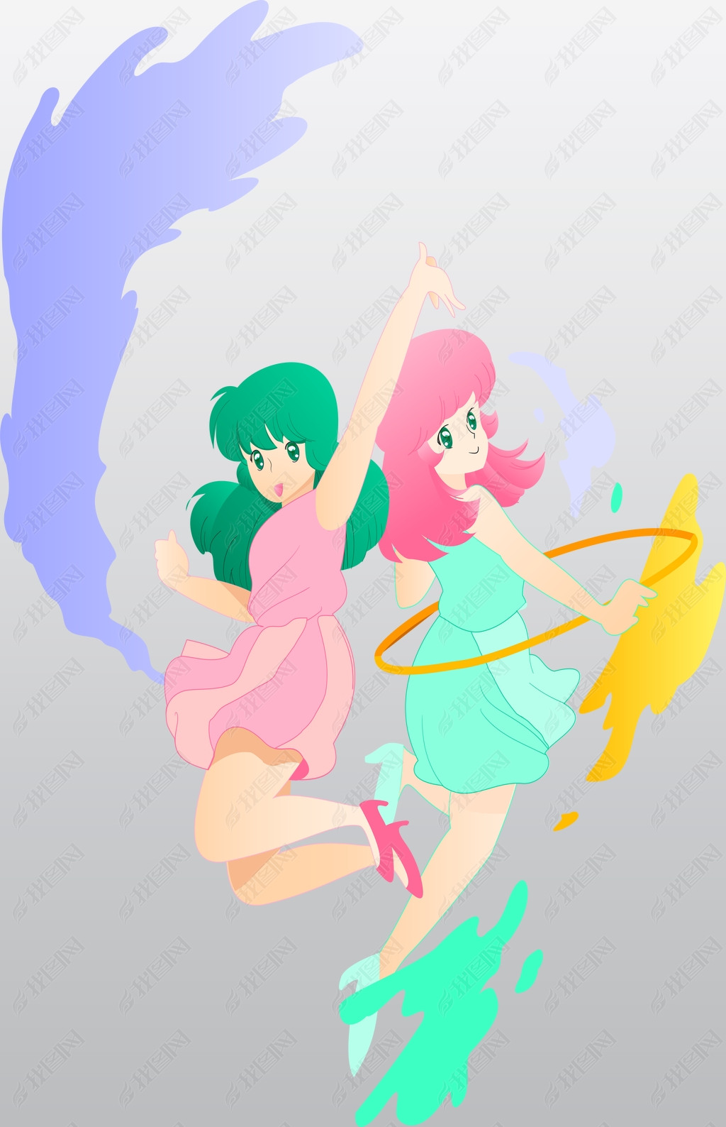 运动粉绿活力少女跳起转呼啦圈活力满满朝气十足配图