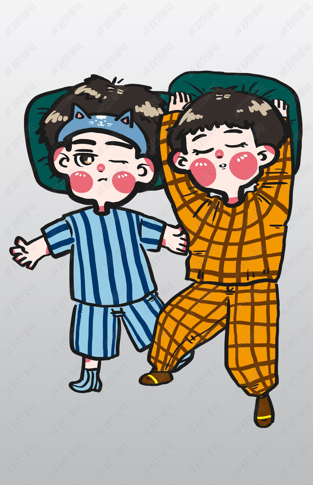 原创世界睡眠日各种睡姿的睡衣男孩卡通手绘版权可商用