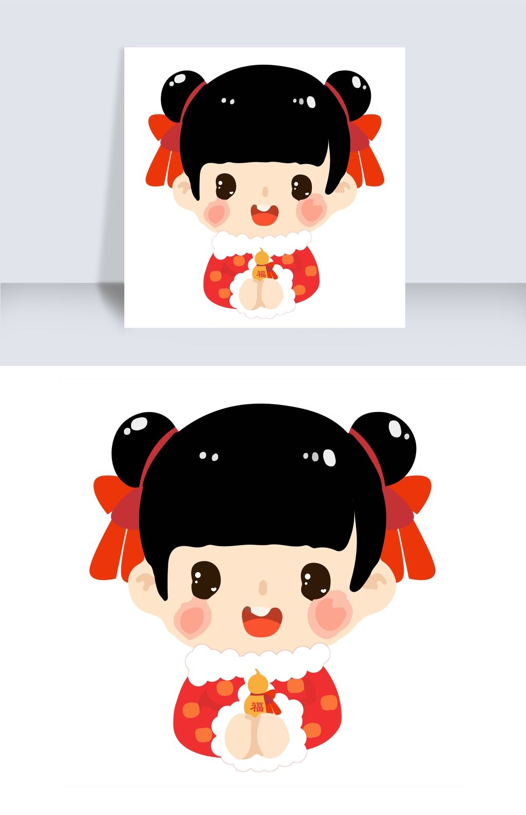 中国风福娃丸子头少女手捧葫芦可爱手绘免抠矢量素材