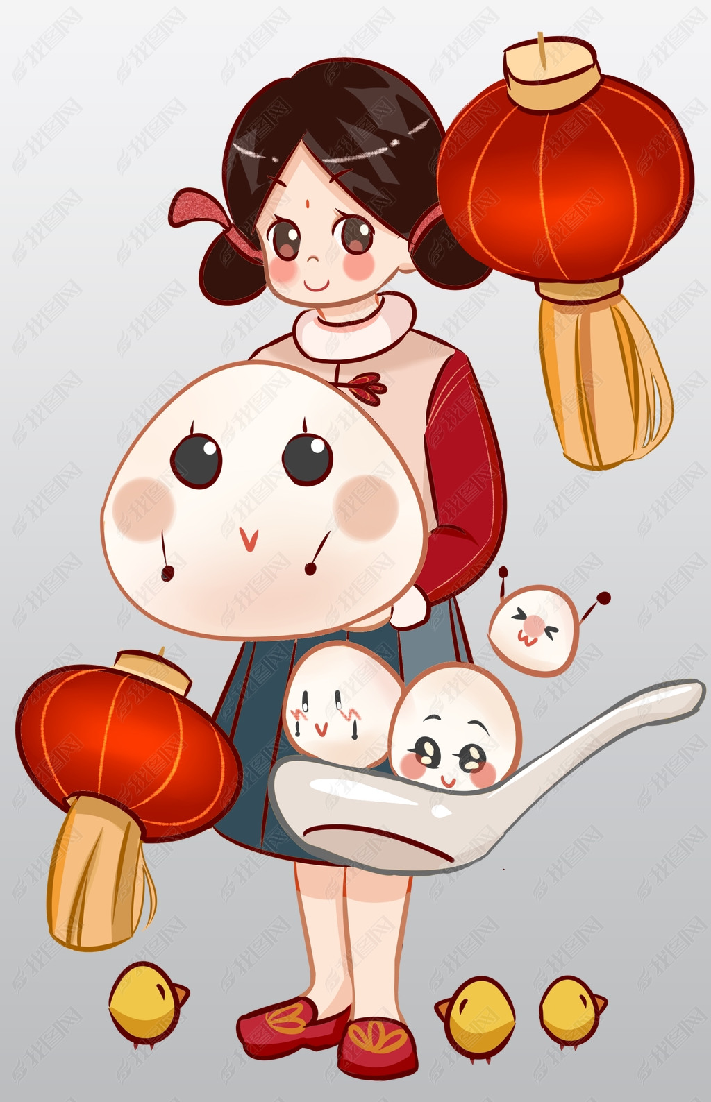 原创元宵节人物和汤圆插画