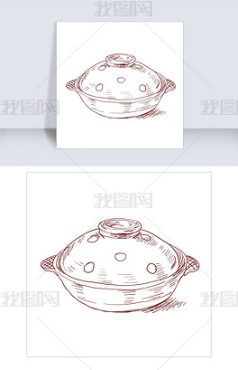 手绘线描砂锅插画