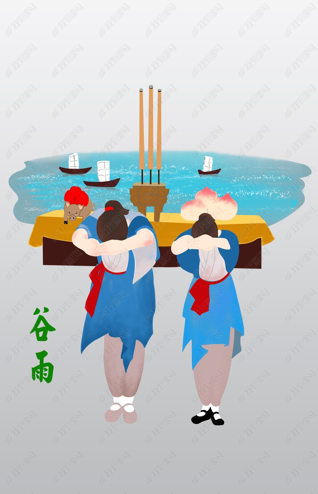 原创祭海人物手绘插画