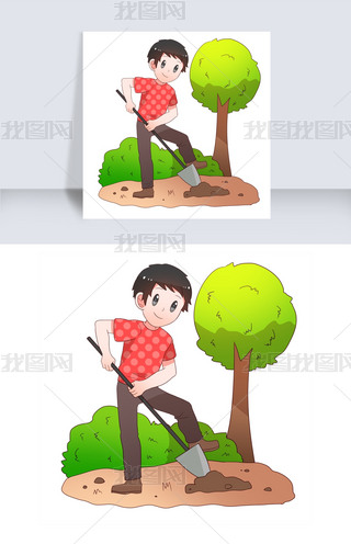植树节挖坑的男孩