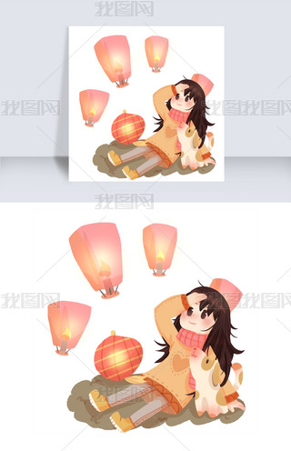 元宵节人物和孔明灯插画